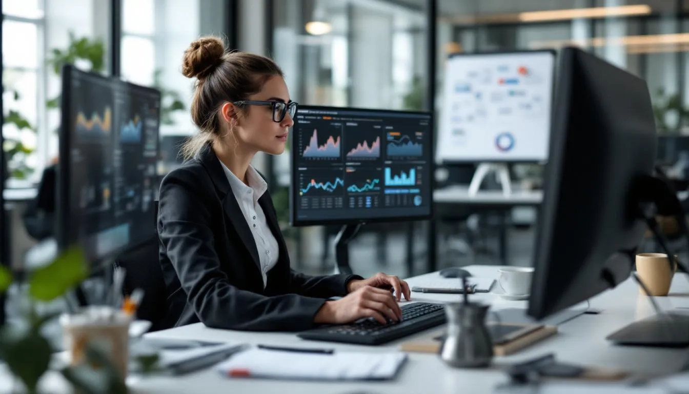 A professional sits at a modern office desk, reviewing resumes on dual computer screens that display analytics related to the job search process. The environment suggests a focus on finding qualified candidates while navigating automated systems and ensuring resumes meet industry-specific keywords for successful hiring decisions.